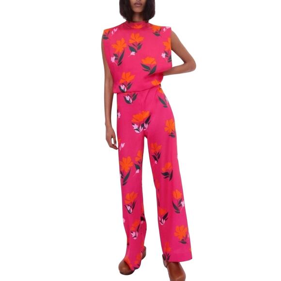 Zara Sleeveless Cut-Out Back Floral Jumpsuit in Bright Pink size Medium NWT - Picture 2 of 9